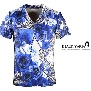 9#bv09-bl BLACK VARIA バラ花柄 ボールチェーン プレミアム Vネック 半袖Tシャツ メンズ(ブルー青) LL 日本製 吸水速乾＆2wayストレッチ