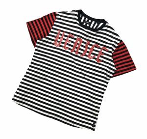 ● DIESEL ディーゼル ● ビッグ ロゴ プリント ラベル ボーダー柄 半袖 Tシャツ ホワイト×レッド×ブラック L