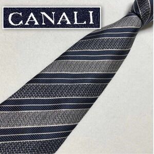 CANALI カナーリ　ネクタイ　レジメンタルストライプ　シルク100% イタリア製　シルバー×ネイビー　ビジネス