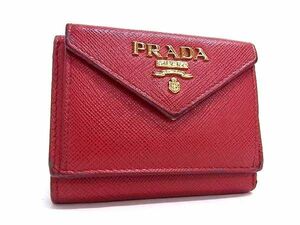 1円 PRADA プラダ サフィアーノレザー 三つ折り 財布 ミニウォレット 札入れ 小銭入れ カード入れ レディース レッド系 FD2458