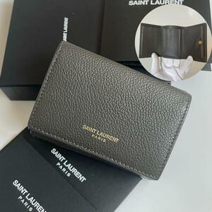 【極美品★付属品完備】SAINT LAURENT PARIS サンローラン 三つ折り財布 タイニーウォレット レザー シボ革 カーフスキン グレー 459784