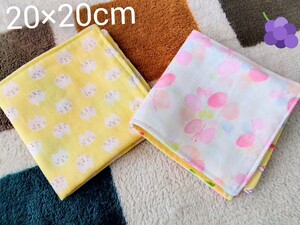 ハンドメイド　20×20cm　ガーゼハンカチ　2枚セット　女の子用　ねこ　ちょうちょ