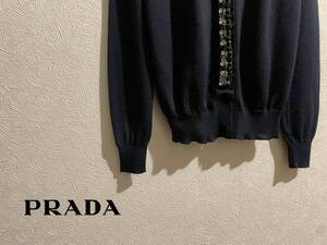 ◯ イタリア製 PRADA ビジュー カーディガン / プラダ ウール ニット ハイゲージ ブラック 黒 42 Ladies #Sirchive