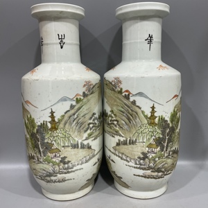 cx4393【3.1】 中国骨董 人間国宝 磁器【清末期の浅降彩山水棒瓶】工芸品 施釉陶 青花磁 陶芸 精美彫 置物 收藏品 