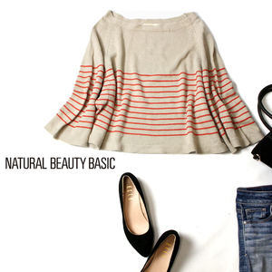 美品 NATURAL BEAUTY BASIC ナチュラルビューティーベーシック ゆったり可愛い ボーダー編み コットンニット セーター M 春 合物 21A04