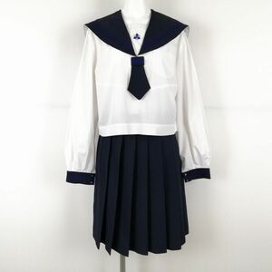 1円 セーラー服 スカート 上下2点セット 大きいサイズ 中間服 青3本線 女子 学生服 高知明徳義塾中学高校 白 制服 中古 ランクC EY5664