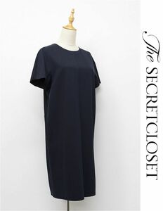 Q204/美品 THE SECRETCLOSET ザ シークレットクロゼット ひざ丈ワンピース ドレス 半袖 コットン シルク 生地切替 2 M 紺