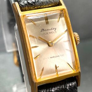 Beauday ビューデイ 4620682 腕時計 アナログ 手巻き シルバー文字盤 スクエア レザーベルト ブラック ステンレススチール ゴールド
