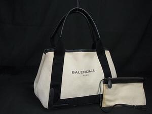 1円 BALENCIAGA バレンシアガ ネイビーカバスS キャンバス×レザー ポーチ付き ハンドバッグ トート アイボリー系×ブラック系 EA3063