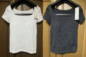 ☆ユニクロ UNIQLO リブスクエアネックブラT スリムフィット 半袖 Lサイズ 白黒2枚セット 未使用・送料無料