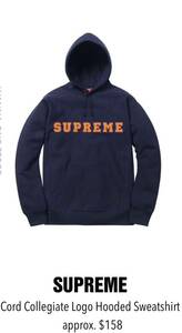 新品 正規品 SUPREME 18SS Cord Collegiate Logo Hooded Sweatshirt NAVY ネイビー Lシュプリーム パーカー Box Logo LAKERS 2018