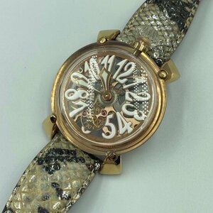 【動作品】GaGa MILANO 6091 MANUALE ＜腕時計 機械式＞ マニュアーレ スケルトン ガガミラノ 手巻き 革ベルト ゴールド