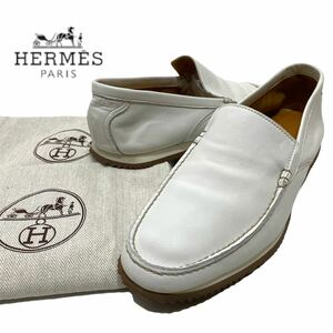 HERMES エルメス MOCCASIN LEATHER SLIP-ON ローファー モカシン スリッポン レザーシューズ ホワイト 40 メンズ 保存袋 正規品