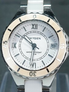 美品 OXYGEN O2 オキシジェン O2 アナログ クォーツ 腕時計 ホワイト デイトカレンダー メタルベルト ステンレススチール 新品電池交換済み