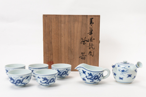 【洛座】東山作 青華染付雲龍文煎茶器セット ＜中国急須明治時代煎茶道具 ◆ECT451