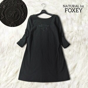 55 【NATURAL by FOXEY】 フォクシー ロゴ刺繍 チュニック ワンピース トップス 38 M 日本製 ブラック 黒 シンプル 無地 フレア ストレッチ