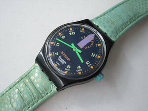 Swatch Stop-watch Green Black 1991 緑色 黒色 ストップウォッチ機能：針合わせ不良 時計機能：時針ややズレ 電池入り動作品 箱説あり