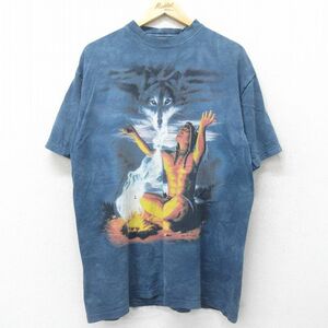 XL/古着 半袖 ビンテージ Tシャツ メンズ 00s インディアン オオカミ 大きいサイズ コットン クルーネック 紺 ネイビー タイダイ 24jun11