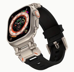 【ブラック】Apple Watch Ultra 49mm メカ風チタンカラースチールメタルコネクタシリコンバンド