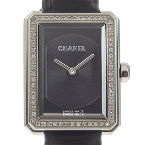 CHANEL シャネル ボーイフレンド ベゼルダイヤ H4883 腕時計 SS×レザー 黒 クオーツ レディース 黒文字盤【90000059】中古