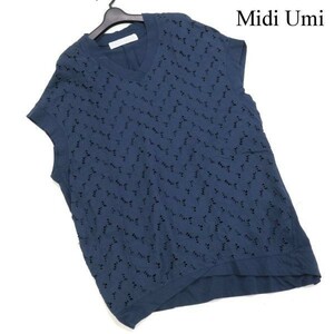 Midi Umi ミディウミ 春夏 リーフ柄 カットワーク♪ 半袖 ドルマン チュニック カットソー Sz.F　レディース 紺 日本製　D3T01112_6#D