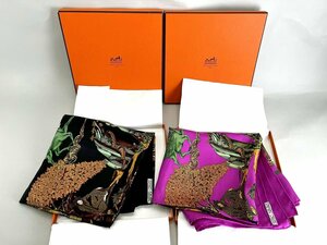 HERMES エルメス スカーフ カレ90 シルク Au FIL de la SOIE 絹糸の赴くままに 黒系 ピンク系 セット[224835