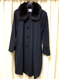 【美品】藤井毛織Cashmere 黒 ファー付きコート　カシミヤ100% 9号