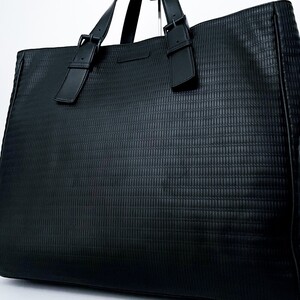 1円■超美品■超希少デザイン■超大容量■ARMANI エンポリオアルマーニ 総型押し トートバッグ ビジネス A4 メンズ レザー ブラック 黒