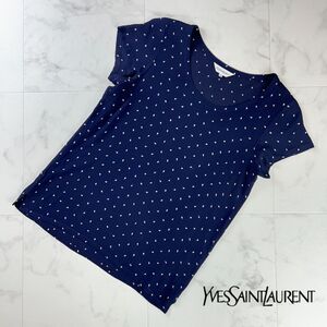 美品 Yves Saint Laurent イヴ・サンローラン フラワー 総柄 半袖ブラウスカットソー トップス レディース 紺 ネイビー サイズ36*PC203