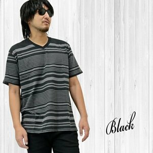 Tシャツ カットソー Vネック ボーダー柄 半袖 コットン 綿100% トップス ユニセックス メンズ 97522 ブラック/M