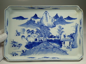 中国美術　古染付　青華　山水　人物　牛　四方皿　唐物　時代物