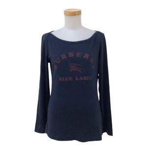 Nm244-52 BURBERRY BLUE LABEL バーバリーブルーレーベル ロゴ プリント 長袖 Tシャツ カットソー トップス ネイビー 紺 レディース 38