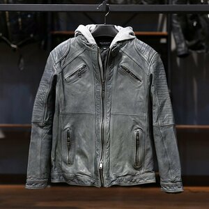 「81SHOP」メンズ ハレージャケット　フード付き　バイクジャケット　高級　柔らかい羊革　本革　革ジャン