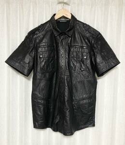 美品 [BALMAIN HOMME] 13SS オリヴィエ・ルスタン期 半袖バイカーレザーシャツ 40 カーフレザー フランス製 ブラック バルマンオム