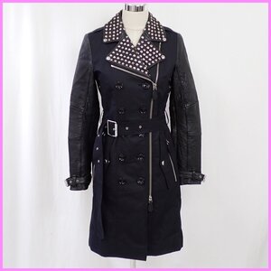 ★美品 BURBERRY/バーバリーブリット レザートレンチコート 36/レディースS-M相当/ダークネイビー×ブラック/スタッズ&1613900065