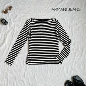 美品☆厳選　大人カジュアル♪　アルマーニジーンズ　ラメ糸　ARMANI JEANS　マリンルック長袖Tシャツ　ボーダー　XS