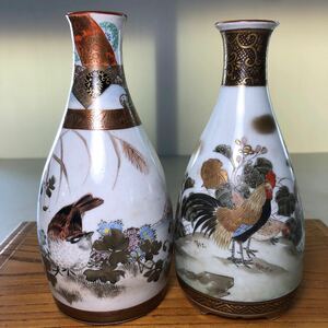 九谷 徳利 二本 まとめ 酒器 花鳥図 色絵 金彩 雀 鶏 時代 九谷 手描き 酒器 古い 骨董品 古美術 明治期?