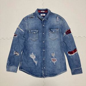 ★ TOMMY HILFIGER DENIM トミーヒルフィガー デザイン加工 リメイク加工 デニムウエスタンシャツ 長袖シャツ S