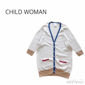 CHILD WOMAN チャイルドウーマン . 綿麻 リネン クレイジー パターン カラフル ケーブル ニット カーディガン 送料無料