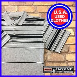 ME13-060★USA古着★雰囲気抜群【BENZENE】ポリ混 ボーダー 刺繍ロゴ 半袖 ポロシャツ【メンズ XL】灰 アメカジ ストリート ゴルフ ワーク