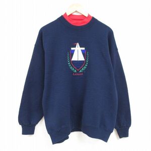 XL/古着 リー Lee 長袖 スウェット メンズ 90s リーランド 刺繍 クルーネック 紺 ネイビー 24jan29 中古 スエット トレーナ