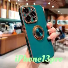 V68グリーンiPhone13pro用ケースリング付きスマホカバー韓国金縁人気