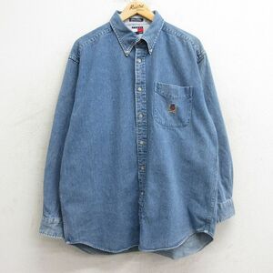 XL/古着 トミーヒルフィガー 長袖 ブランド シャツ メンズ 90s ワンポイントロゴ コットン ボタンダウン 紺 ネイビー デニム 24nov01 中古