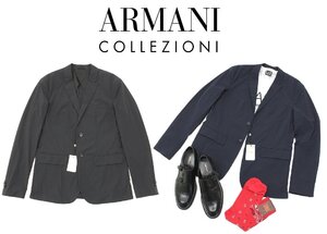 17万新品◆54=XXL◆【ARMANI】アルマーニ COLLEZIONI ストレッチナイロン テーラードジャケット ライトアウター 紺 1円