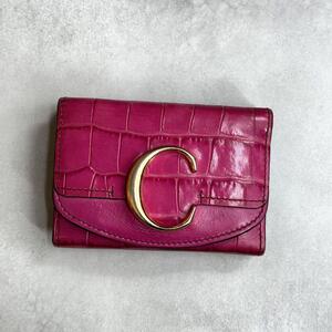 【希少】 Chloe クロエ クロエシートリフォールドウォレット 三つ折り財布 クロコ型押し レザー ピンク ゴールド クロエC CHC19WP088A87