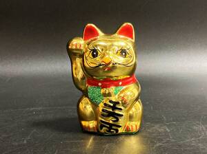 【60409M】未使用 金色のまねき猫 招き猫 右手あげ 縁起物 金運 商売繁盛 黄金 金色 貯金箱 置物 オブジェ 経年保管品 現状品