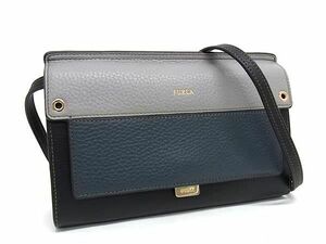 1円 ■極美品■ FURLA フルラ ライク レザー ショルダーウォレット ショルダーバッグ 長財布 ブラック系×ネイビー系×グレー系 FH0562