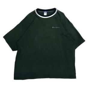 【XXL】USA古着 90s USA製 Champion チャンピオン リンガー Tシャツ 半袖 ワンポイント刺繍 グリーン 2XL