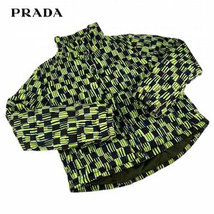 ★激レア/美品★ PRADA プラダ パファー ダウンジャケット チェック ストライプ 総柄 グリーン 42 M ルーマニア製 クリーニング済み