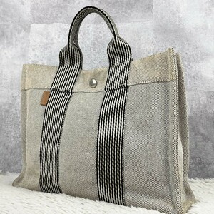 美品 HERMES エルメス ニューフールトゥ PM トートバッグ ハンド ビジネス ロゴ型押し キャンバス ステッチ ホック 大容量 ビジネス メンズ